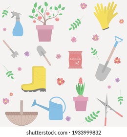 Gardening seamless pattern. Vector flat illustration of gardening elements.