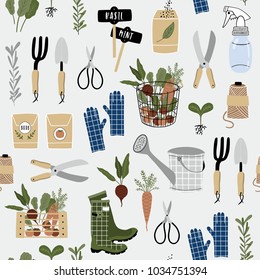Gardening Seamless Pattern. Vector Illustration Of Garden Elements: Spade, Pitchfork, Wheelbarrow, Plants, Watering Can, Grass, Flowers, Garden Gloves And Cute Calligraphy. Spring Time