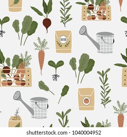 Gardening seamless pattern. Vector illustration of garden elements: spade, pitchfork, wheelbarrow, plants, watering can, grass, flowers, garden gloves and cute calligraphy. Spring time
