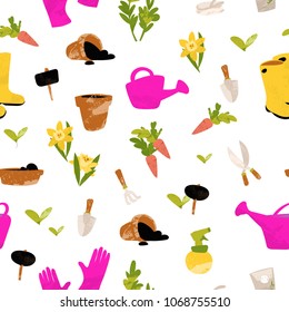 Gardening seamless pattern. Vector illustration of garden elements: spade, pitchfork, wheelbarrow, plants, watering can, grass, flowers, garden gloves and other. Spring time