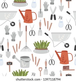 Gardening seamless pattern. Vector illustration of garden elements: spade, pitchfork, wheelbarrow, plants, watering can, grass, flowers, garden gloves