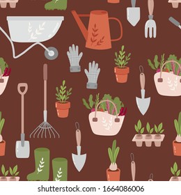 Gardening seamless pattern. Vector illustration of garden elements