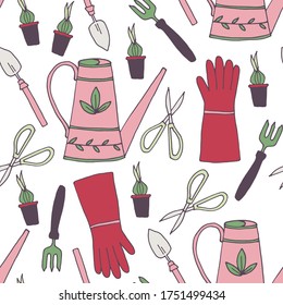 Gardening seamless pattern, vector illustration, with gloves,boots,onions of flower. Fabric design.