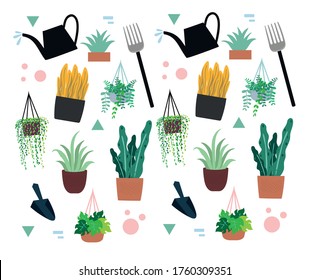 Gardening seamless pattern. Vector illustration of garden elements: plants, watering can, grass Spring time.
