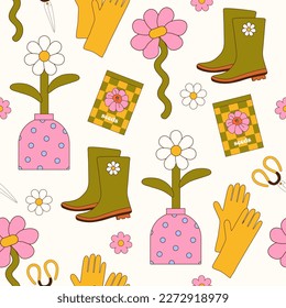 Gardening seamless pattern. Vector illustration of garden elements: plants, seeds, rubber boots, flowers, garden gloves. Spring gardening time.