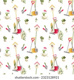 gardening. seamless vector pattern with gardening tools and potted flowers