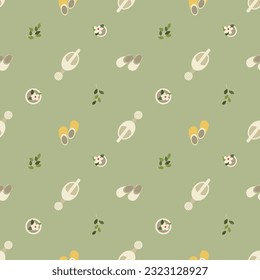 gardening. seamless vector pattern with gardening tools and potted flowers