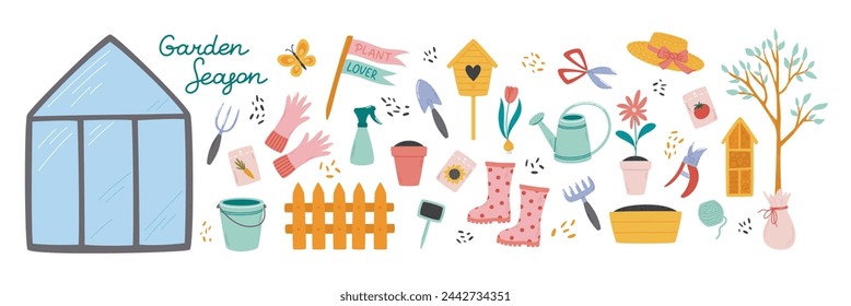 Gardening season elements set. Plants and garden hobby accessories. Big flat vector illustrations collection