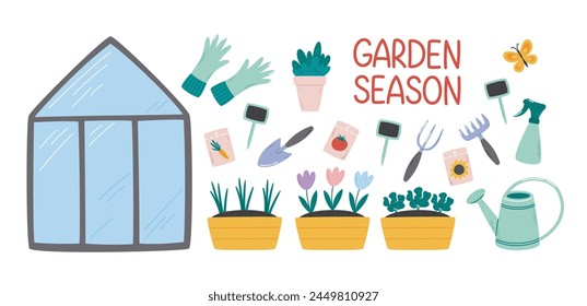 Conjunto de Elementos de temporada de jardinería. Plantas y accesorios de hobby de jardín. Colección de Ilustraciones vectoriales planas