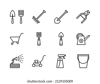 Gardening and seeding activities flat line icons set. Spring season, growing plant shoots, Garden Tools. Simple flat vector illustration for web site or mobile app.