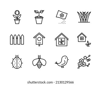 Actividades de jardinería y siembra iconos de línea plana. Temporada de primavera, cultivo de brotes de plantas, Jardín Herramientas. Simple ilustración vectorial plana para sitio web o aplicación móvil.