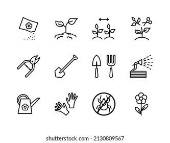 Actividades de jardinería y siembra iconos de línea plana. Temporada de primavera, cultivo de brotes de plantas, Jardín Herramientas. Simple ilustración vectorial plana para sitio web o aplicación móvil.