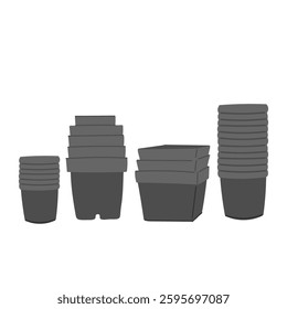 Gardening seedling cups in flat cartoon design. Rounded and square shapes of black plastic starter containers for seeds sowing, growing plants, planting and greenhouse farming. Vector illustration