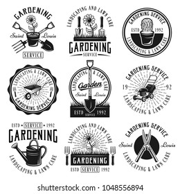 Gardening Service, Landscaping And Lawn Care Set Of Nine Vector Black Emblems, Badges, Labels Or Logos In Retro Style Isolated On White Background