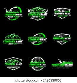 Gardening service, landscaping and lawn care set of nine vector emblems on black background