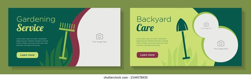 Gardening Service Online Banner Template Set, Backyard Working Company Advertisement, Horizontal Ad, Lawn Mowing Job Campaign Webpage, Flyer, Creative Brochure, Isolated On Background.