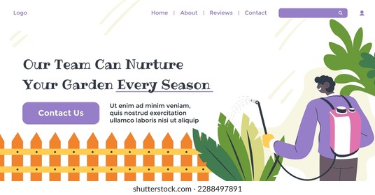 Gardening service from professional gardeners and specialists. Our team can nurture your garden every season. Help and maintenance. Website page, internet landing site template. Vector in flat style