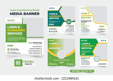 Gardening Service Social Media Post Collection With Abstract Shapes. Lawn Mowing Service Web Banner Template Set With Green And Yellow Colors. Agro Farming Service Promotional Template Bundle Vector.