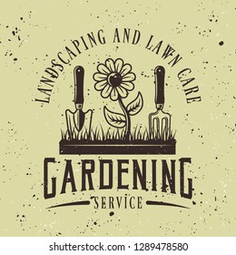 Gardening service vector colored emblem, badge, label or logo on green background with removable grunge textures