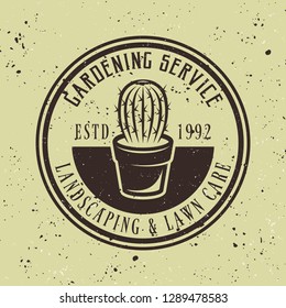 Gardening service vector colored emblem, badge, label or logo with cactus in pot on green background