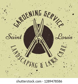 Gardening service vector colored emblem, badge, label or logo with pruner on green background, removable grunge textures