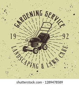 Gardening service vector colored emblem, badge, label or logo with lawn mower on green background, removable grunge textures