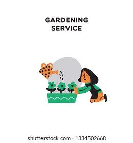 Gardening service. Vector illustration of woman, taking care about flower. Watering can. Doodle