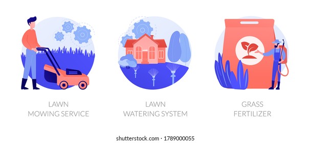 Gardening services abstract concept vector illustration set. Lawn mowing service, lawn watering system, grass fertilizer, aeration and weeding, dandelion removal, irrigation abstract metaphor.