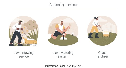 Gardening services abstract concept vector illustration set. Lawn mowing service, lawn watering system, grass fertilizer, aeration and weeding, dandelion removal, irrigation abstract metaphor.