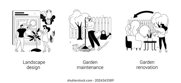 Gardening Services Abstract Concept Vector Illustration Set. Landscape Design, Garden Maintenance And Renovation, Frond And Backyard, Shaping Plants, Hedge Trimming, Lawn Mowing Abstract Metaphor.