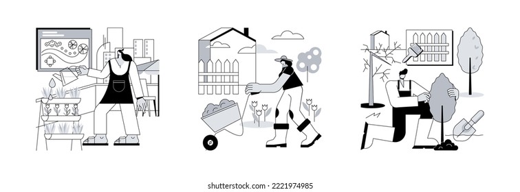 Gardening services abstract concept vector illustration set. Landscape design, garden maintenance and renovation, frond and backyard, shaping plants, hedge trimming, lawn mowing abstract metaphor.