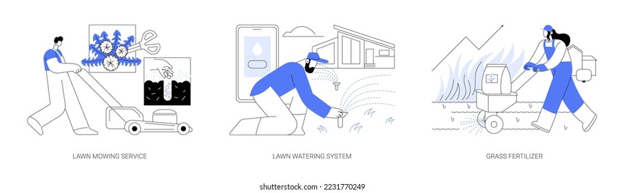 Gardening services abstract concept vector illustration set. Lawn mowing service, lawn watering system, grass fertilizer, aeration and weeding, dandelion removal, irrigation abstract metaphor.