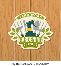 Gardening services emblem, label, patch, sticker. Vector illustration. For sign, patch, shirt design with flower, hand garden trowel, farming fork, sprayer, hand rake, gardening equipment