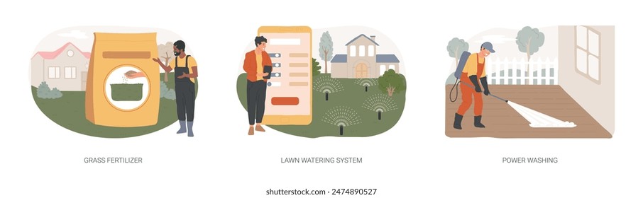 Gardening services isolated concept vector illustration set. Grass fertilizer, lawn watering system, power washing, garden hose, soil nutrients, pop-up sprinkler, dust and mold vector concept.