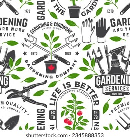 Gardening services seamless pattern or background. Vector illustration. Seamless pattern silhouette with gardening equipment hand secateurs, garden pruner, watering can, garden trowel, farming fork
