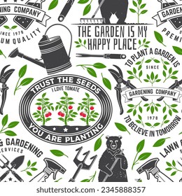 Gardening services seamless pattern or background. Vector illustration. Seamless pattern silhouette with gardening equipment hand secateurs, garden pruner, watering can, garden trowel, farming fork