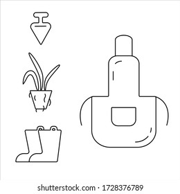 gardening set, apron, shovel, boots. Plant transplantation.