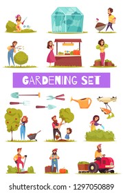Gardening set of cartoon icons farmers with work tools and equipment during various activity isolated vector illustration