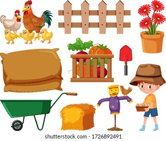 Gardening set with chickens and equipments illustration
