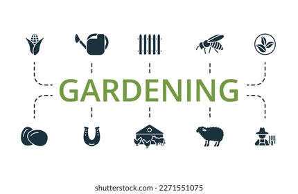 Gardening set. Creative icons: corn, watering can, fence, bee, eco, eggs, horseshoe, farm, sheep, farmer.