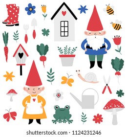 Gardening set with cute gnomes. Vector illustration.