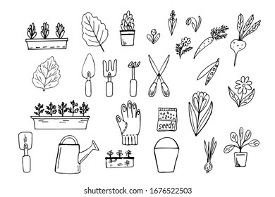 Gardening set of doodle elements line art pictures, icons. Spring garden work. Black outline is easy to change color. Garden tools, plants, leaves, garden clothes. Vector illustration isolated