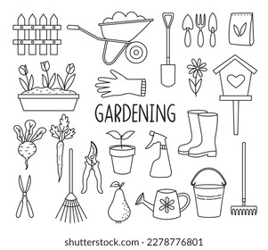 Gardening set in doodle style on a separate white background