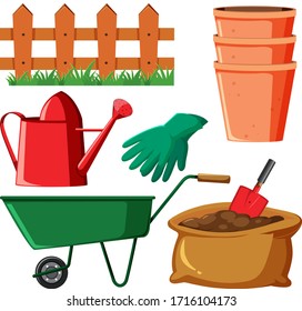 Gardening set with equipments and cart illustration