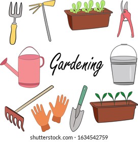 The gardening set. A set of garden tools.  Shovel, rake, watering can, gardening gloves, bucket, pruning shears. Sprouts, small plants. Elements are isolated on a white background.