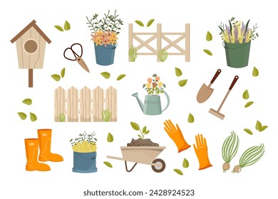 Gardening set, garden wheelbarrow, shovel, rake, boots, gloves, watering can, birdhouse, wooden signs. Icons, spring illustration, vector