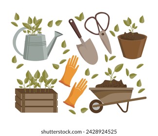 Gardening set, garden wheelbarrow, shovel, rake, boots, gloves, watering can, birdhouse, wooden signs. Icons, spring illustration, vector