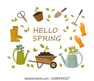 Gardening set, garden wheelbarrow, shovel, rake, boots, gloves, watering can, birdhouse, wooden signs. Icons, spring illustration, vector