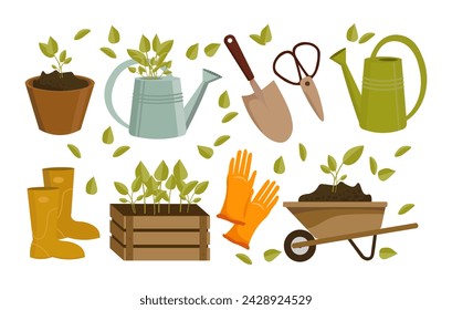 Gardening set, garden wheelbarrow, shovel, rake, boots, gloves, watering can, birdhouse, wooden signs. Icons, spring illustration, vector