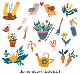 Gardening set. Hand draw garden work elements: tools, flower pot, watering can, flower cart, insects and birds. Gardener farm, flower store. Spring, summer time. Vector cartoon illustration.